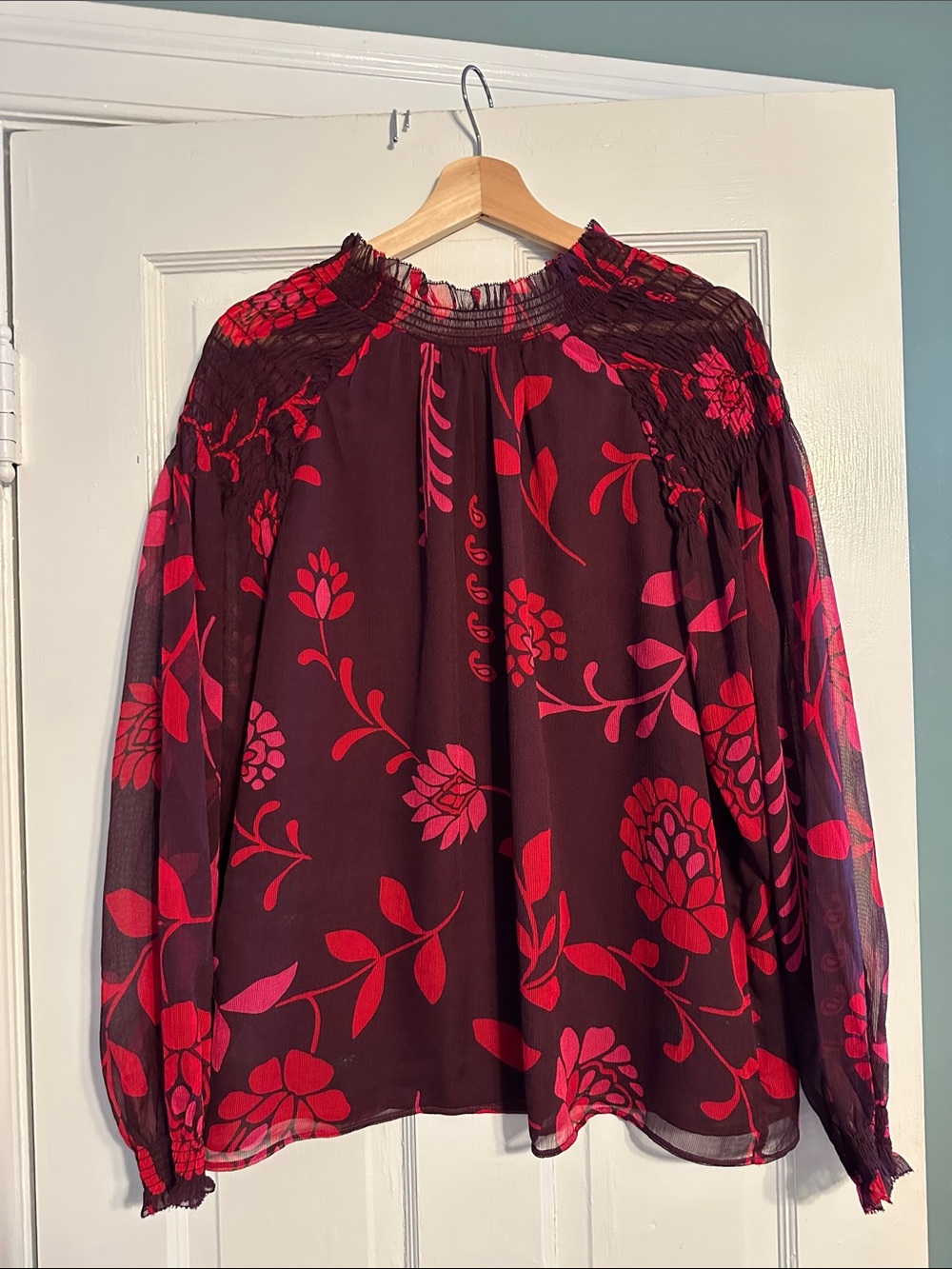 Ann Taylor Women's Floral Smocked Neck Blouse - Burgundy with Red Floral